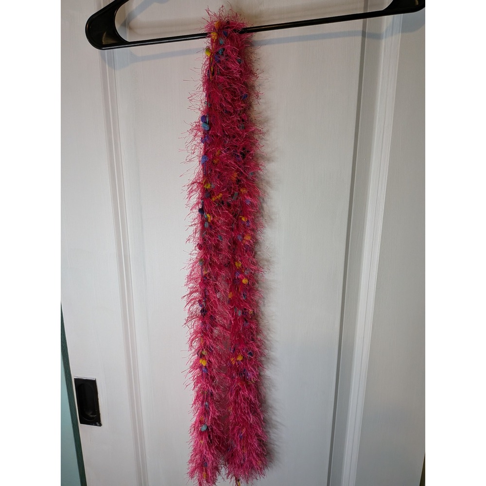 Pink Eyelash Yarn Skinny Scarf Multi Color Pom Poms Shaggy Fuzzy Y2K Accessory
